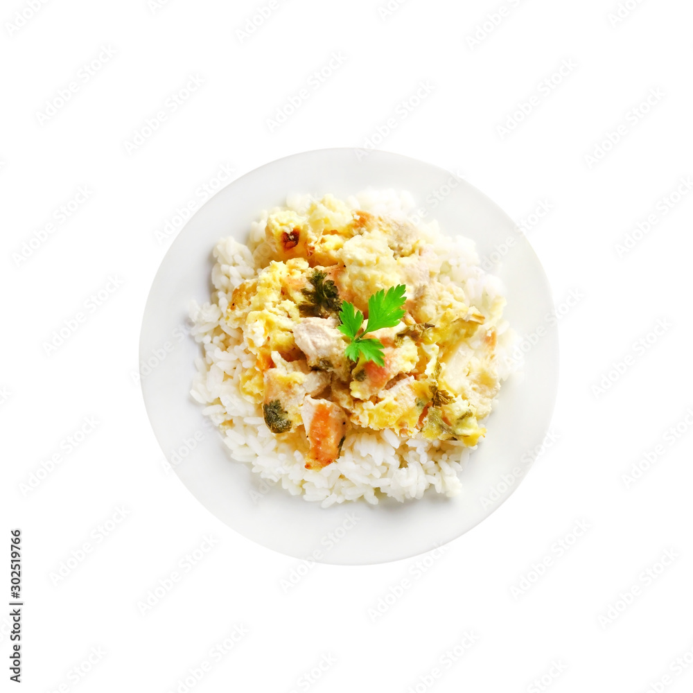 Chicken breast and cauliflower casserole with rice on a palet isolated