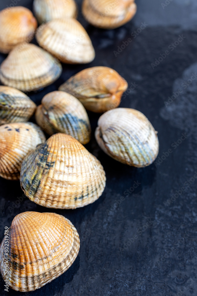 Top view of a group of raw cockles, the foreground focused, on dark slate background and wet vertically