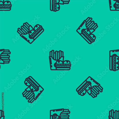 Blue line Burger and french fries in carton package box icon isolated seamless pattern on green background. Hamburger, cheeseburger sandwich. Fast food menu. Vector Illustration