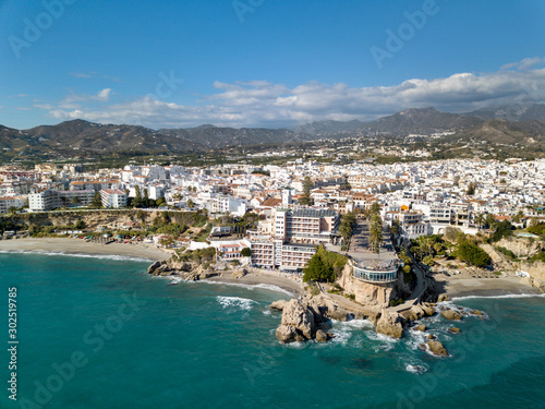 Beautiful aerial panoramic view of Nerja city from Costa del Sol Spain a Top touristic holiday destination