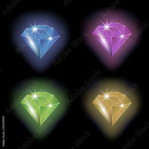 Cartoon vector gems and diamonds icons set in different colors. Icon for games. Can use to Mobile, web of video Games. Isolated on the Black Background