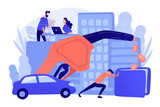 People loosing money by using gas fuel cars. Gas mileage, fuel saving and efficient green eco friendly engine technology concept. Pinkish coral blue palette. Vector illustration on white background.