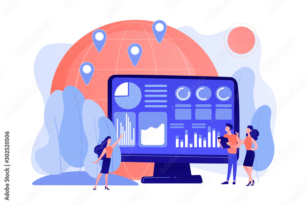Global trading, stock market analysis. International commerce statistics analyzing, economic globalization. Environment data analytics concept. Pinkish coral bluevector isolated illustration Global trading, stock market analysis. International commerce statistics analyzing, economic globalization. Environment data analytics concept. Pinkish coral bluevector isolated illustration