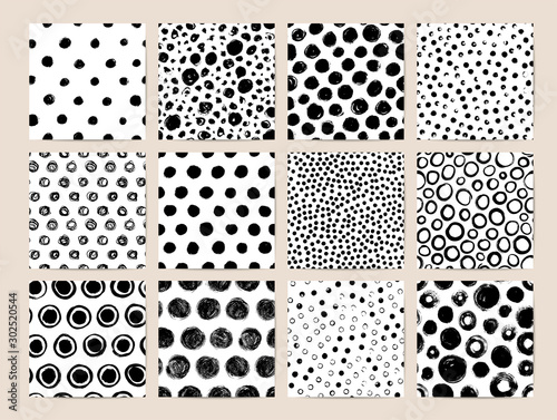 Circle ink brush strokes vector seamless patterns set. Black charcoal scribbles and spots textures.