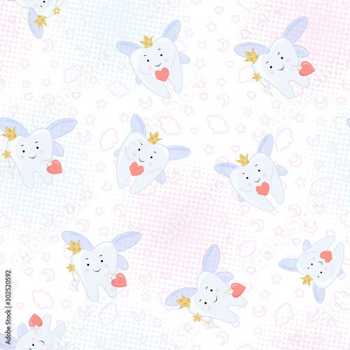 Tooth fairy Vector cartoon illustration. Stylized tooth Seamless pattern, background.