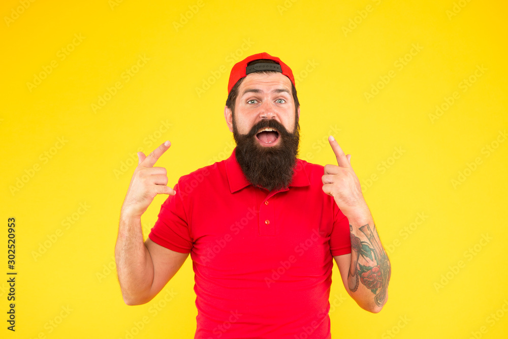 Naklejka premium he is winner. being trendy and brutal. Beard and mustache grooming. happy mature hipster yellow background. bearded man celebrate success. male summer fashion. Barber salon and facial hair care