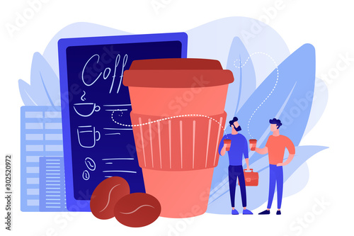 Businessmen drinking take away coffee at huge paper coffee cup and beans. Take away coffee, on the go drink, take away business concept. Pinkish coral bluevector isolated illustration