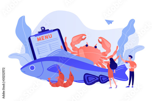 Tiny business people reading menu and sea food products, fish and crab. Seafood menu, seafood nutrition diet, marine products shop concept. Pinkish coral bluevector isolated illustration