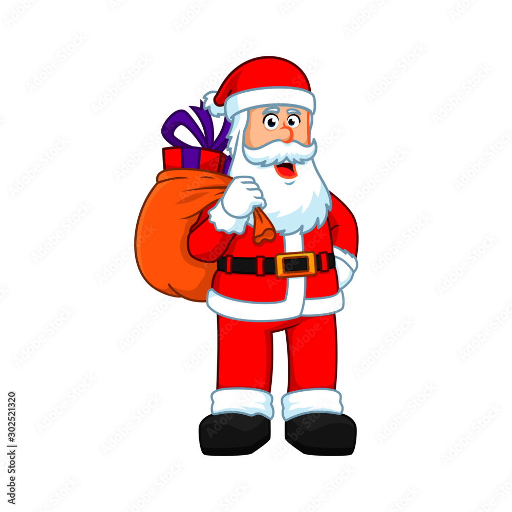 Vector cartoon illustration of friendly smiling Santa Claus, sack with gifts on back, Christmas design element Vector cartoon illustration of friendly smiling Santa Claus, sack with gifts on back, Christmas design element