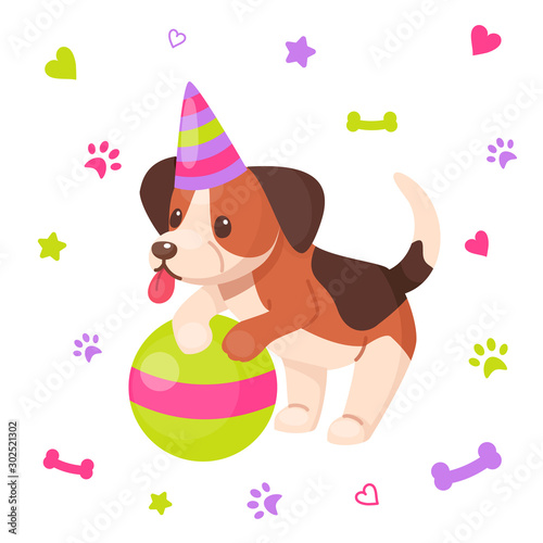 Funny happy puppy with holiday hat and toy ball. Playful dog. Bones, footprints and stars are on the background. Vector illustration cartoon flat style.  © Nesele