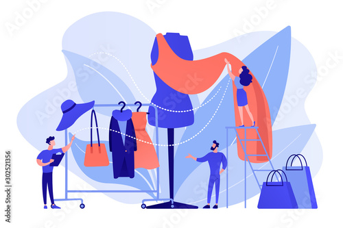 Designer team working on new clothes collection and piece of cloth on mannequin. Fashion industry, clothing style market, fashion business concept. Pinkish coral bluevector isolated illustration
