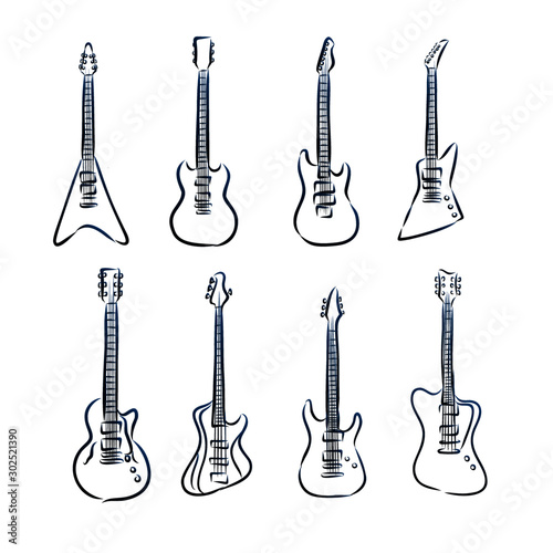 set of guitars isolated on white background