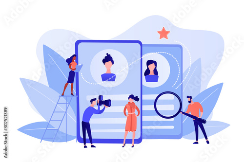 Modeling agency manager and photographer take photos of model for portfolio. Modeling agency, fashion model agent, modeling company services concept. Pinkish coral bluevector isolated illustration