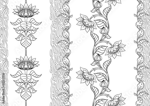 Sunflower. Seamless pattern background. Outline hand drawing vector illustration. In art nouveau style, vintage, old retro style
