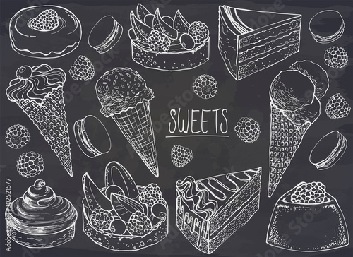 Set of hand drawn dessert on chalkboard. Vector illustration. Cakes, biscuits, baking, cookie, pastries, donut, ice cream cone, raspberry. Vector illustration for dessert menu or food package design.