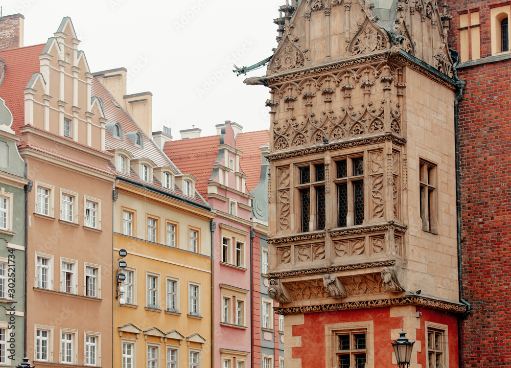 vintage windows and balcony in Wroclaw city hall, Poland