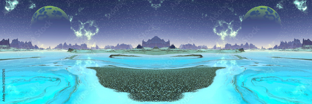Fototapeta premium Alien Planet. Mountain and lake. 3D rendering