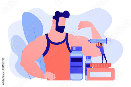 Tiny people doctor with syringe doing anabolic steroids injection to an athlete. Anabolic steroids, anti-aging aid, illegal sport drugs concept. Pinkish coral bluevector isolated illustration photo