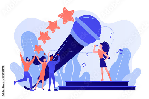 Famous pop singer near huge microphone singing and tiny people dancing at concert. Popular music, pop music industry, top chart artist concept. Pinkish coral bluevector isolated illustration