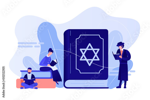 Jews in national costumes reading about religion, Torah, tiny people. Torah Judaism holy book, Jewish Beliefs on Jesus, orthodox Judaism concept. Pinkish coral bluevector isolated illustration