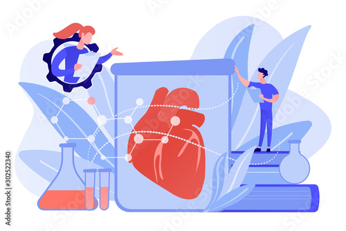 Scientists growing big heart in test tube in laboratory. Lab-grown organs, bioartificial organs and artificial organ concept on white background. Pinkish coral bluevector isolated illustration