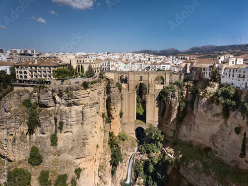 Aerial view of Ronda landscape and buildings with Puente Nuevo Bridge, Andalusia, Spain