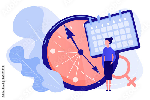 Menopause woman standing at her biological clock measuring age and calendar. Menopause, women climacteric, hormone replacement therapy concept. Pinkish coral bluevector vector isolated illustration