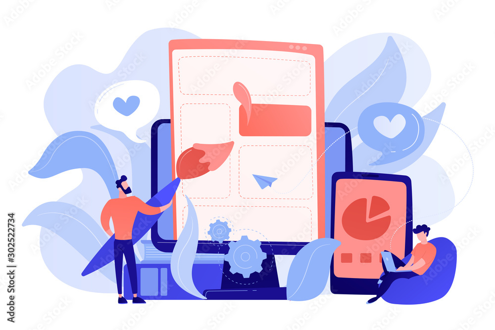 People drawing web page elements on the smartphone and LCD screen. Front end development it concept. Software development process. Pinkish coral blue palette. Vector illustration on white background