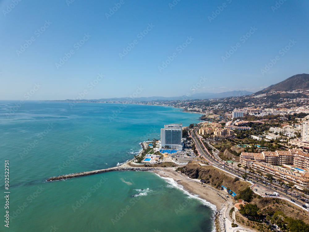 Aerial Panoramic Landscape View of Benalmadena City , Malaga. Popular holiday attraction in South of Spain
