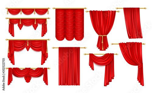 Set of isolated open red curtain for theater,opera