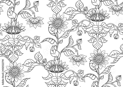 Sunflower. Seamless pattern background. Outline hand drawing vector illustration. In art nouveau style, vintage, old retro style