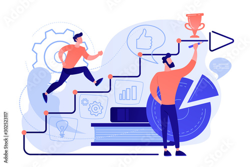 A man running up to the hand drawn stairs as a concept of coaching, business training, goal achievment, success, progress, carreer ladder, pinkish coral blue palette. Vector illustration on white