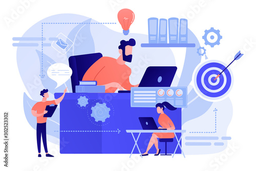 Business team and work process steps from idea to target. Business workflow, business process efficiency, working activity pattern concept. Pinkish coral bluevector isolated illustration