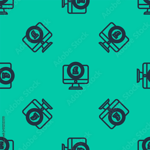 Blue line Computer monitor with pound sterling symbol icon isolated seamless pattern on green background. Online shopping concept. Earnings in the Internet. Vector Illustration