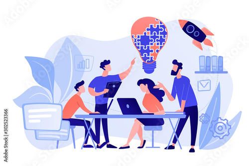 Business team brainstorm idea and lightbulb from jigsaw. Working team collaboration, enterprise cooperation, colleagues mutual assistance concept. Pinkish coral bluevector isolated illustration