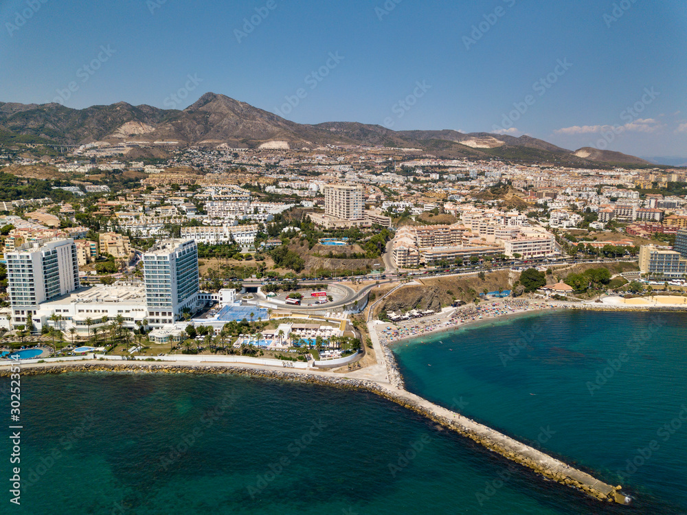 Aerial Panoramic Landscape View of Benalmadena City , Malaga , South of Spain. Popular tourist holiday attraction in Costa del Sol