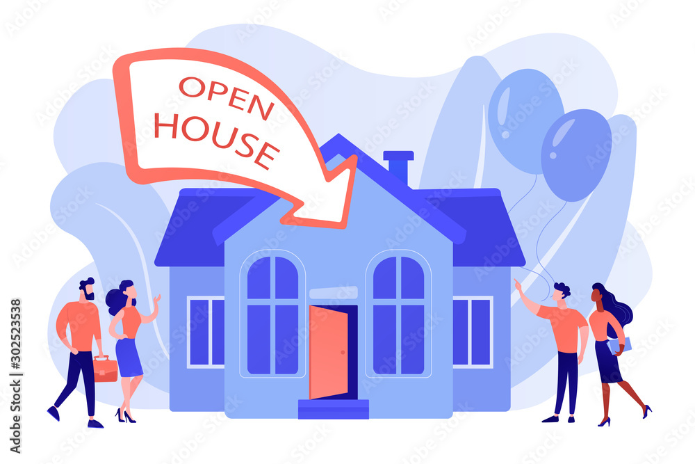 People going to housewarming party flat characters. Open house, open for inspection property, welcome to your new home, real estate service concept. Pinkish coral bluevector isolated illustration People going to housewarming party flat characters. Open house, open for inspection property, welcome to your new home, real estate service concept. Pinkish coral bluevector isolated illustration