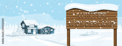 House in a snowy forest with wooden signboard "Winter wonderland". Vector banner template	