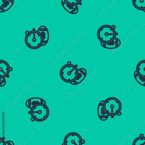 Blue line American Football ball and stopwatch icon isolated seamless pattern on green background. Set of sport equipment. Vector Illustration
