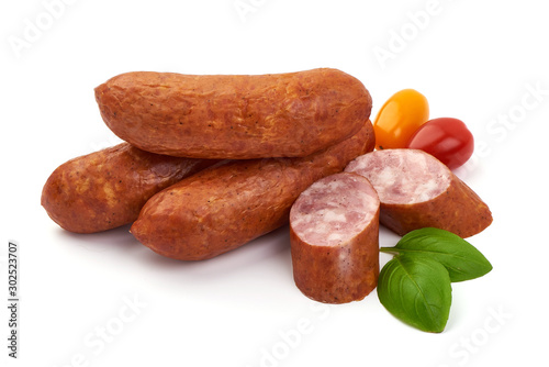 Pork Dried Sausages, smoked german sausage, isolated on white background