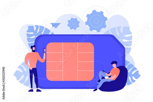 Mobile sim phone card and users with smartphones. Mobile phone network, smartphone plastic card and microchip, wireless cellphone communication concept. Vector isolated illustration.