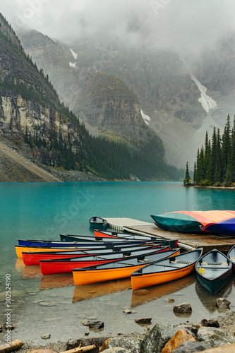 colorful canoes on the lake