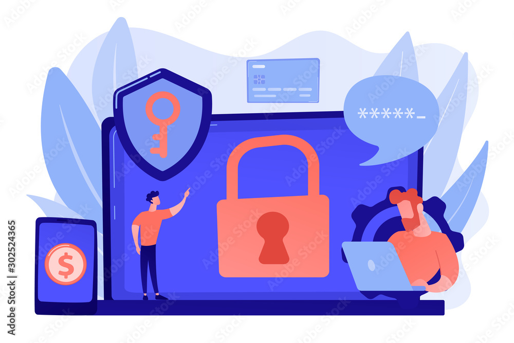Developers work on cyber security program. Cyber security software, information security program and antivirus concept on white background. Pinkish coral bluevector isolated illustration Developers work on cyber security program. Cyber security software, information security program and antivirus concept on white background. Pinkish coral bluevector isolated illustration