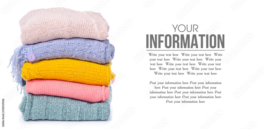 Stack color sweaters on white background isolation, space for text - obrazy, fototapety, plakaty 