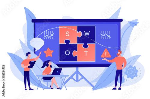 SWOT analysis team working on list of your opportunities, strategizing and monitoring. SWOT analysis and matrix, strategic planning concept. Pinkish coral bluevector isolated illustration