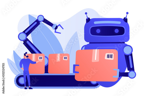 Robot substituting human working with boxes on conveyor belt and robotic arm. Labor substitution, man versus robot, robotics labor control concept. Pinkish coral bluevector isolated illustration