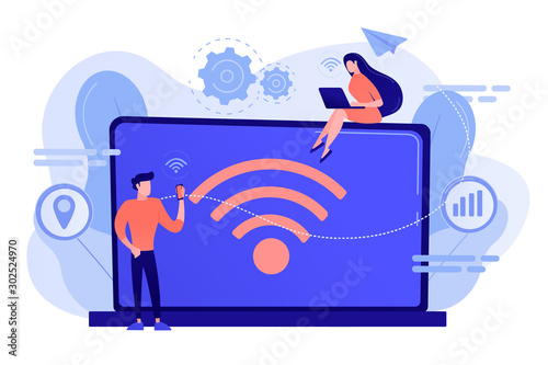 Business people using laptop and smartphone with WiFi connection. Wi-fi connection, WiFi communication technology, free internet services concept. Pinkish coral bluevector isolated illustration