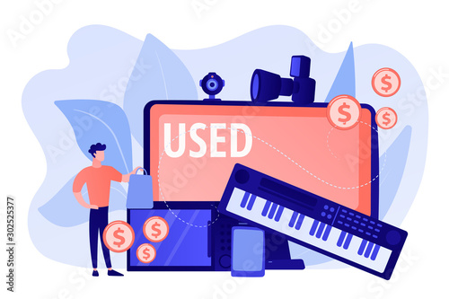Old portable gadgets sell and buy. Used electronics trading, second hand device purchasing, used electronics market, make your best deal concept. Pinkish coral bluevector isolated illustration