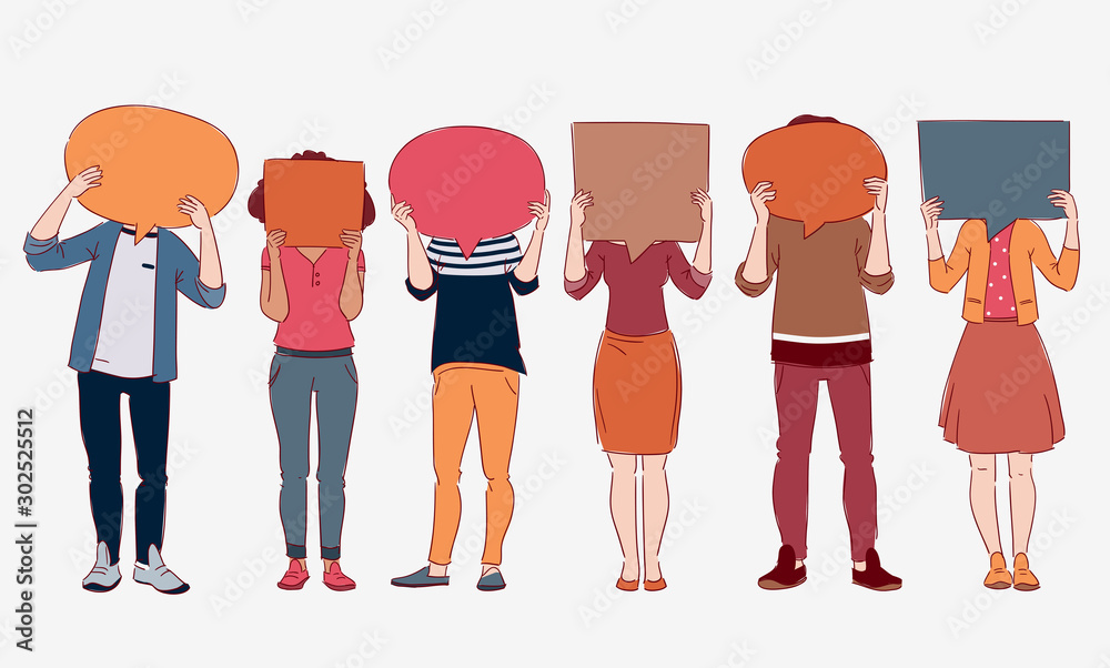 Group of young people with colorful dialog speech bubbles. Communication, teamwork and connection vector concept