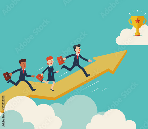 Business people running up on the growing graph arrow, towards a trophy. Business success vector concept